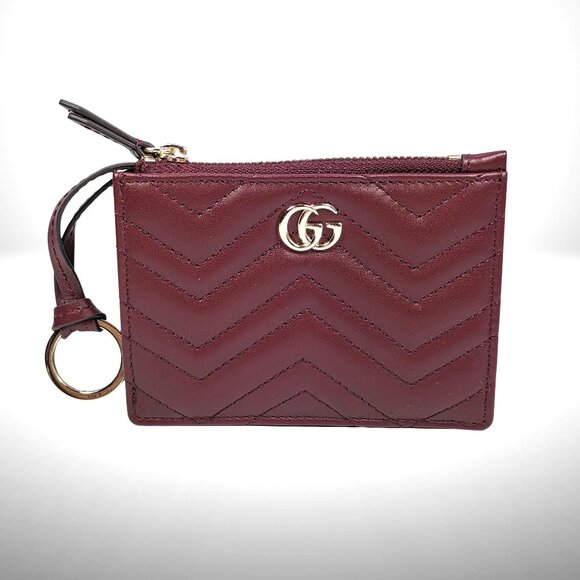 Gucci Handbags - Gucci GG Marmont Zip Key Pouch in Rosso Ancora Red Matelasse Chevron Leather